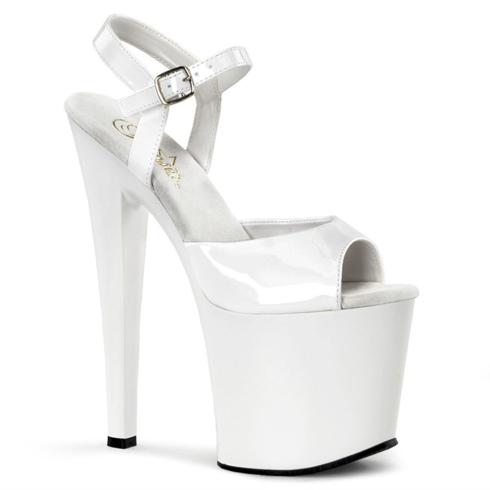 Pleaser TAB709 7.5" Heel, 3.5" Platform White Patent Platform Ankle Strap Sandal